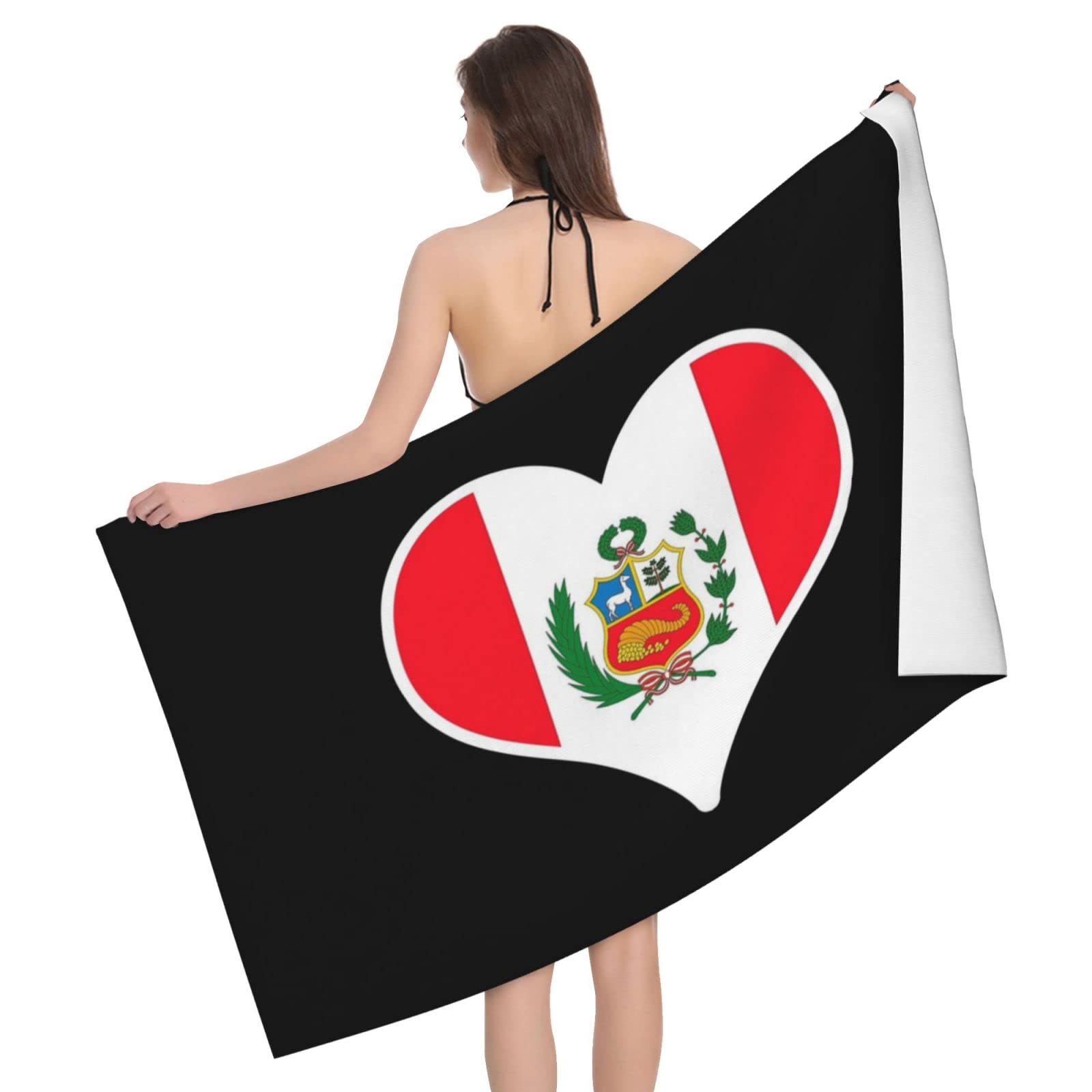 Lsjuee Flag of Peru Heart Beach Towel Absorb Water Quick Dry Bath Towel, for Beach, Swimming Pool, Camping