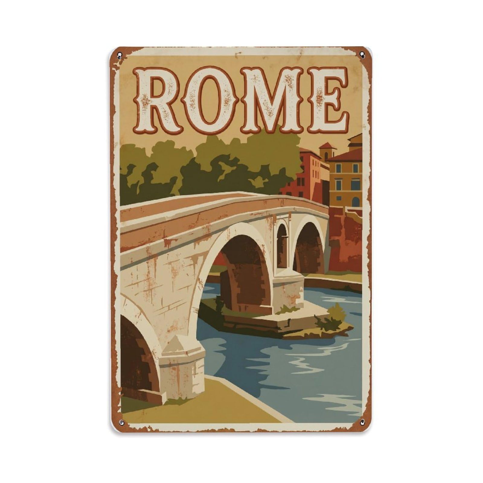 Vintage Travel Rome Ponte Fabricio Ancient Island Bridge Rusted Italy Metal Tin Sign Plaque Wall Decor for Cafe, Club Bar, Office, Home Garden Metal Poster 8x12Inch