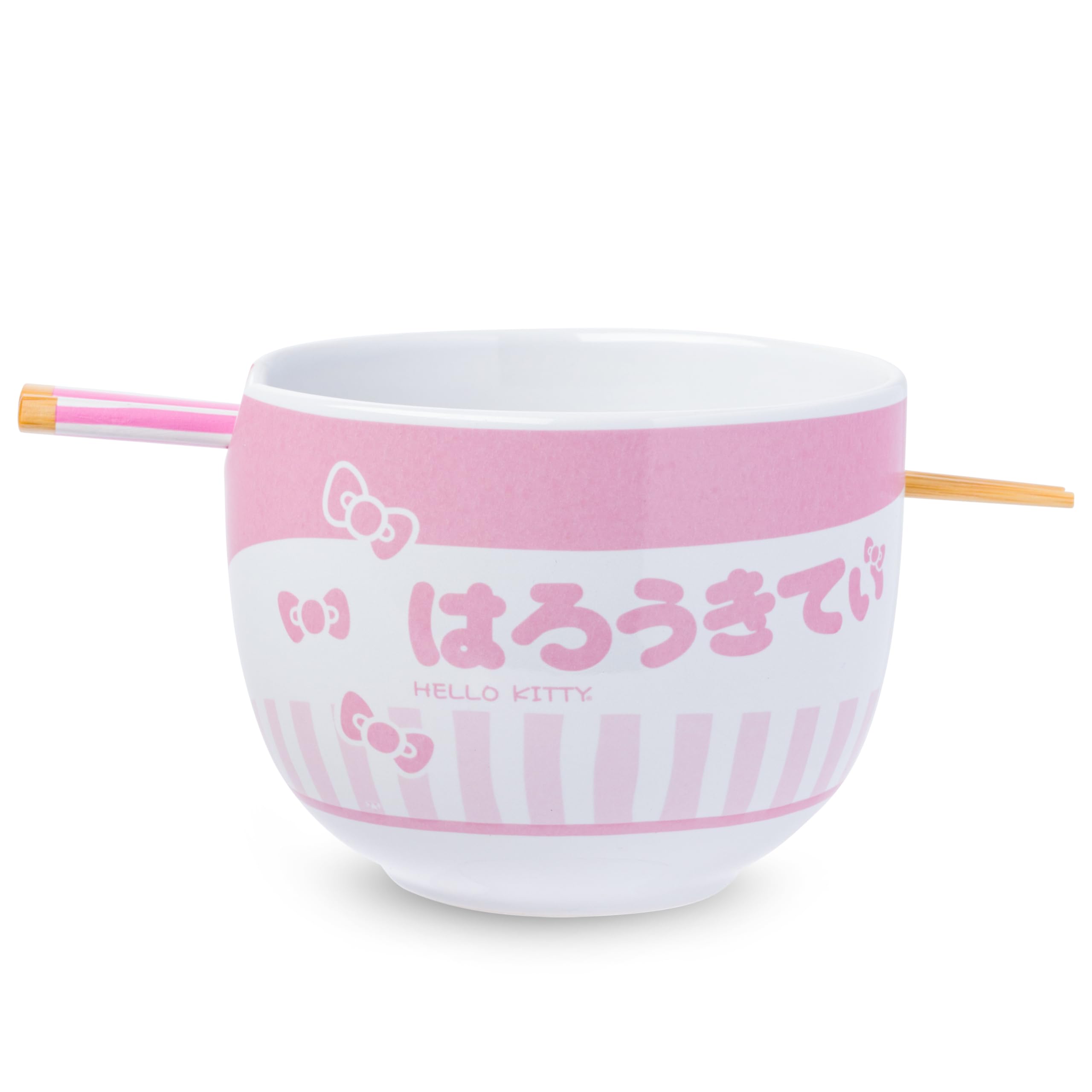 Silver Buffalo Sanrio Hello Kitty Sitting Japanese Characters Pink Stripes Ceramic Ramen Noodle Rice Bowl with Chopsticks, Microwave Safe, 20 Ounces