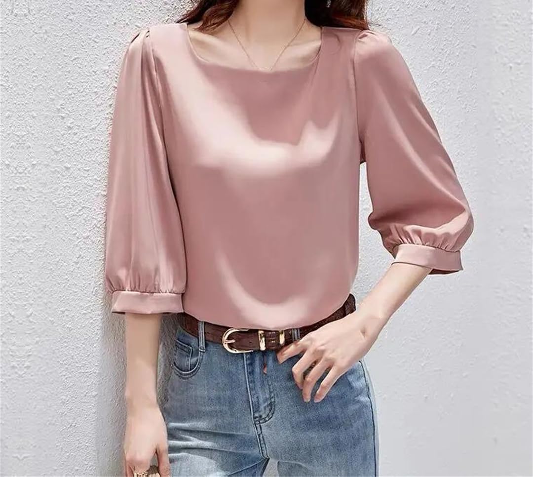 Yeuyyben Donne Elegante Raso Tre Quarti Manica Camicette Vintage Ice Silk Camicia Donna Casual Allentato Lanterna Manica Top