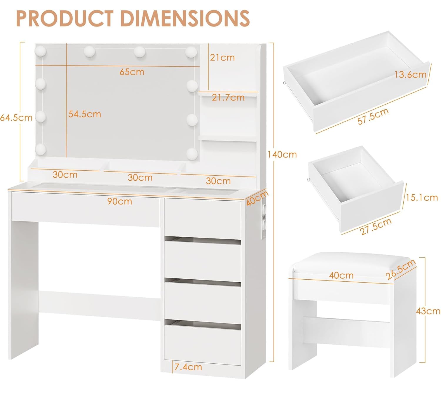 ANWBROAD Coiffeuse avec Miroir et Tabouret Éclairage LED Réglable, 3 Couleurs, Plateau en Verre, Coiffeuse avec Prise 5 Tiroirs et 5 Espaces de Rangement Ouverts, Moderne Blanc BDT74W