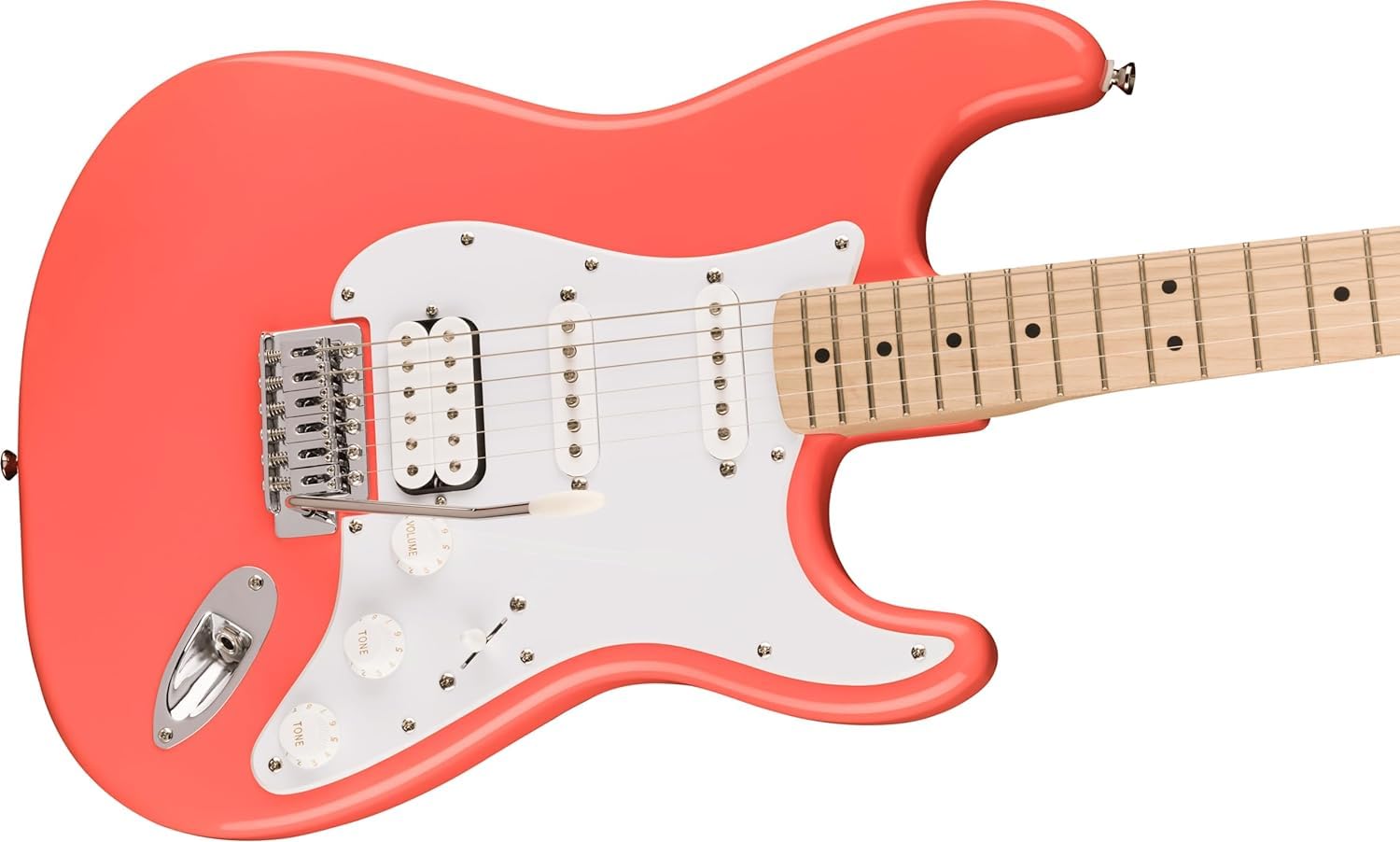 Fender Squier 6 String Solid-Body Maple Electric Guitar With Gig-Bag, Polishing Cloth, Strap, Picks & E-Book - Tahitian Coral - Image 5 thumbnail