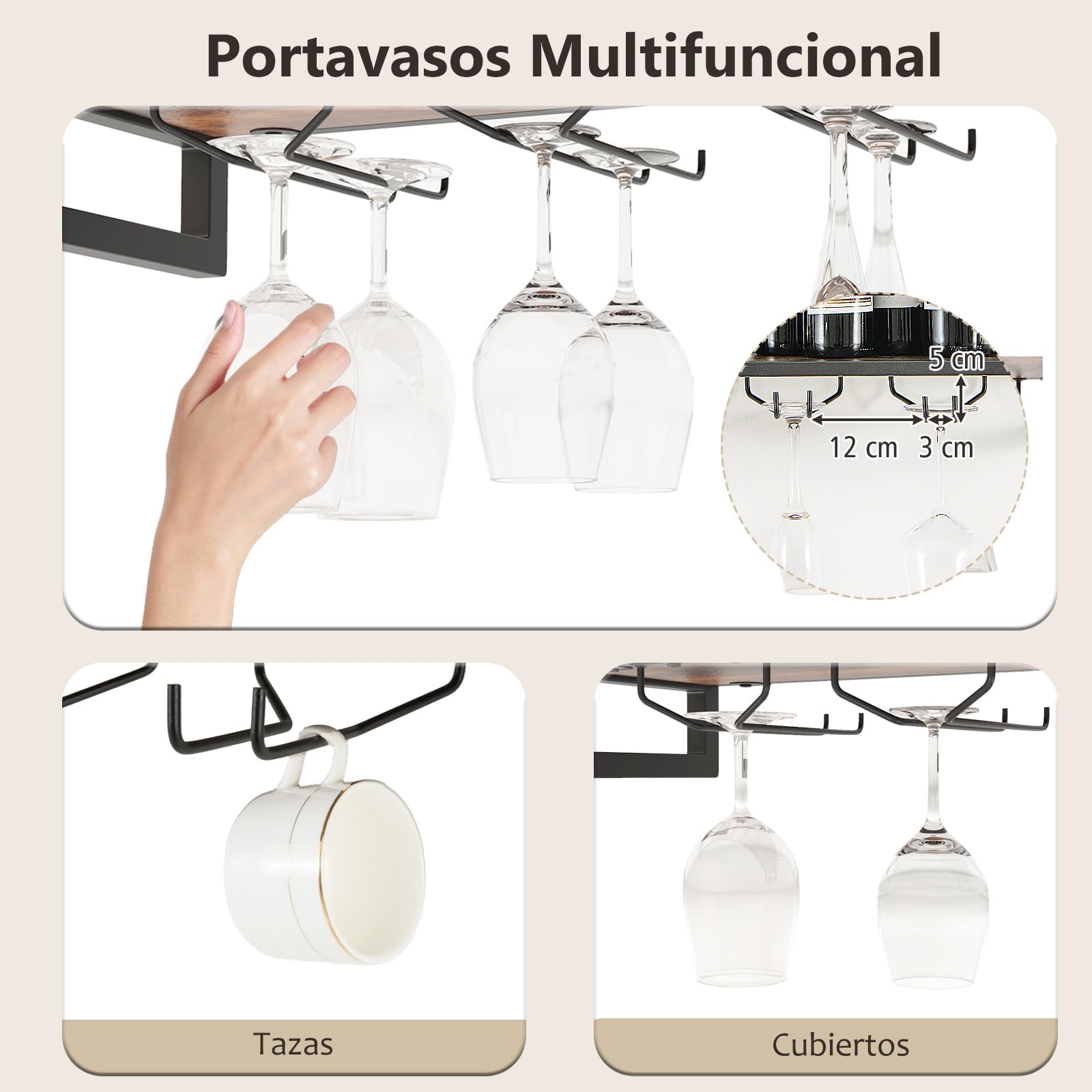 COSTWAY Estante de Vino Industrial de Pared, Estante de Vino de Pared de 2 Niveles con 3 Portavasos para Copas, Soporte de Botellas de Vino Colgante de Metal para Bar Cocina (60 x 20 x 55 cm)