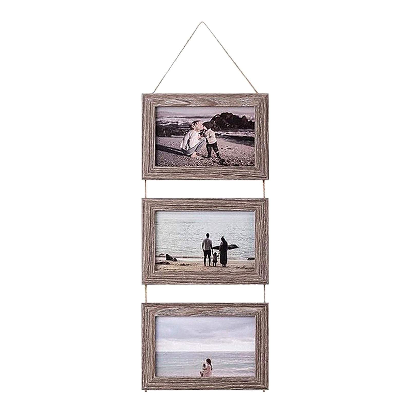 PANGBOER Hanging Collage Picture Frames Wall Decors, 3 Opening Rustics Wood Frame with Rope Wood Multi Picture Frames Gifts Collage Wall Decor