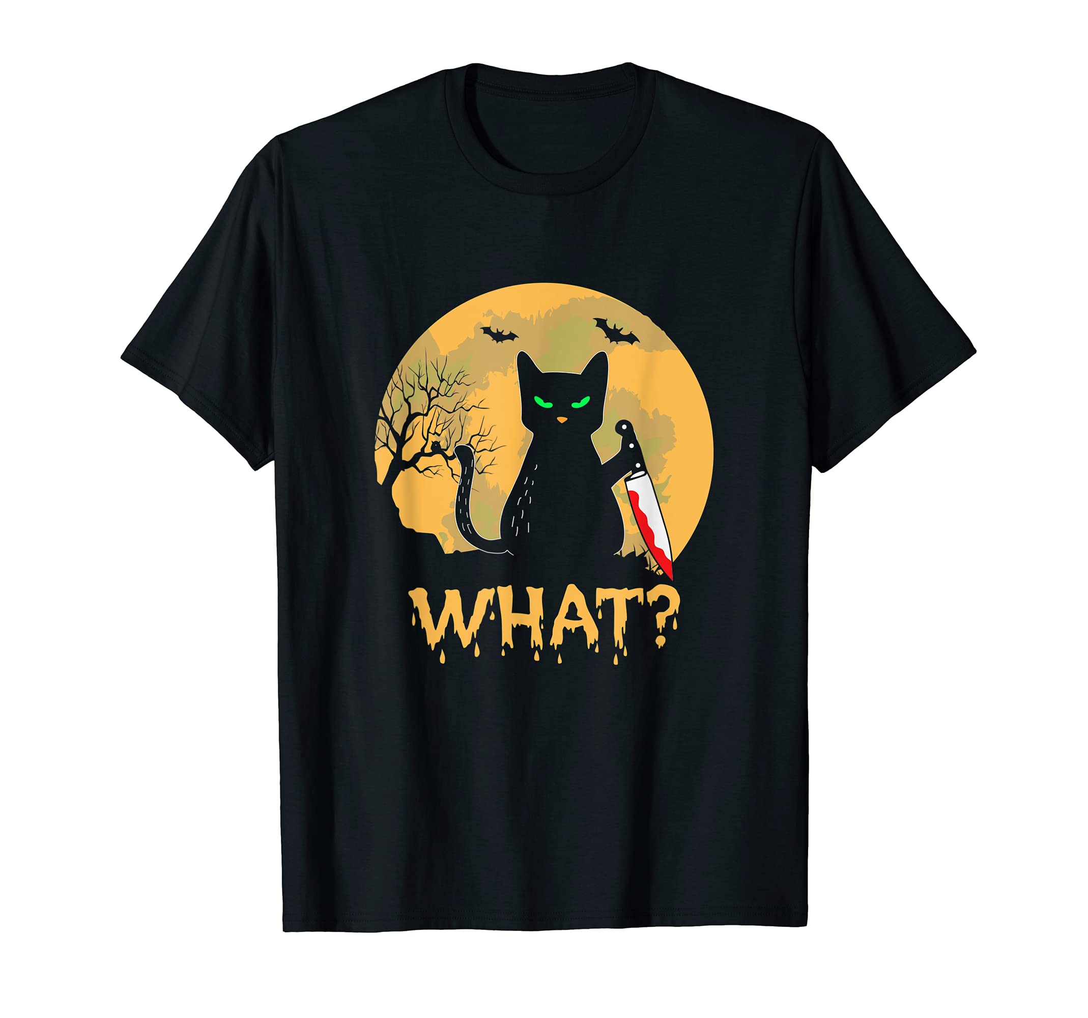 Cat What? Funny Black Cat Halloween CostumeCat What? Murderous Black Cat With Knife Costume Halloween T-ShirtOEKO-TEX STANDARD 100