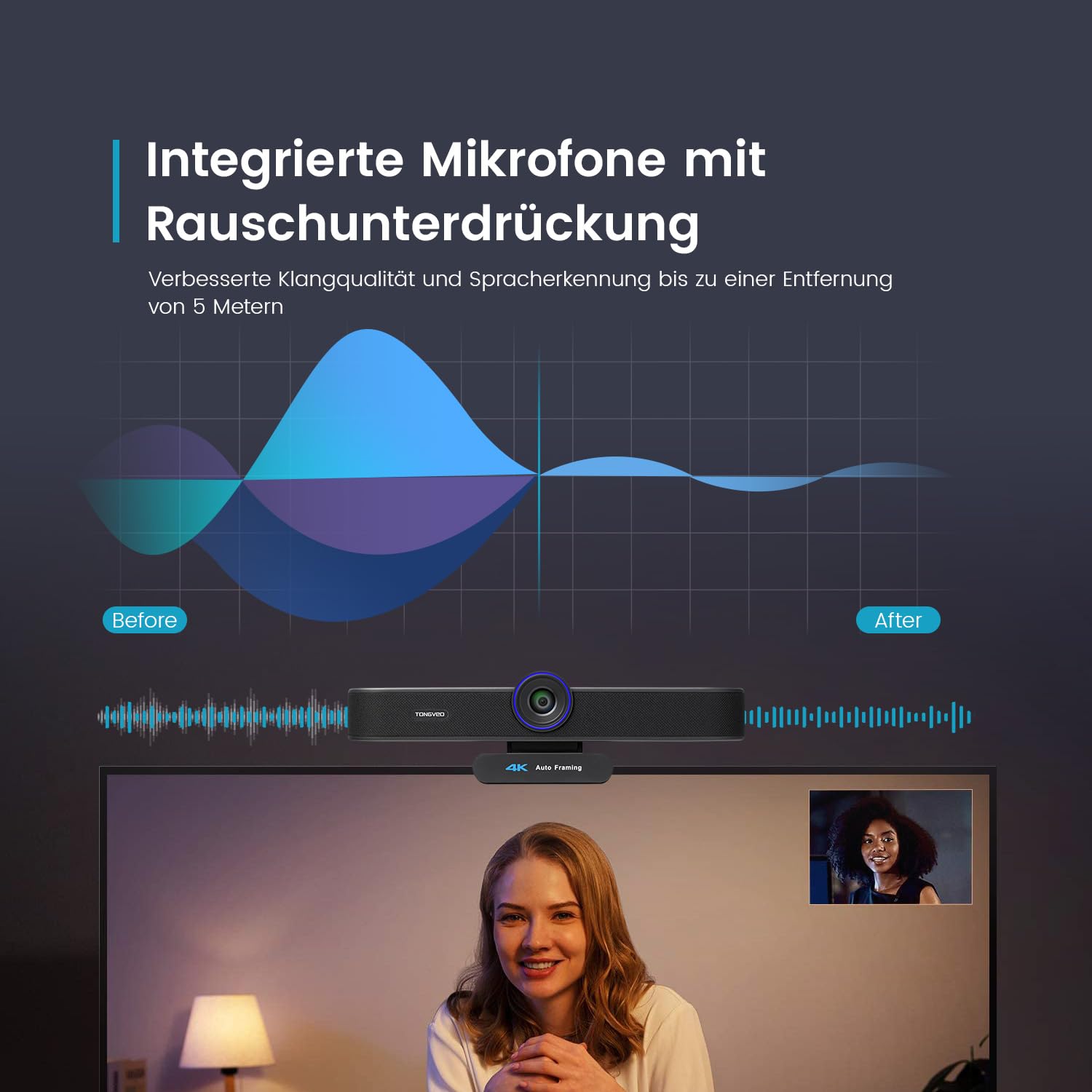 TONGVEO KI-Autotracking 4K Webcam mit Mikrofonen und Lautsprecher, 5-facher Digitalzoom ePTZ Webkamera mit Fernbedienung und Zwei mikrofonen, Konferenz-Webcam für Zoom, Skype, OBS, YouTube