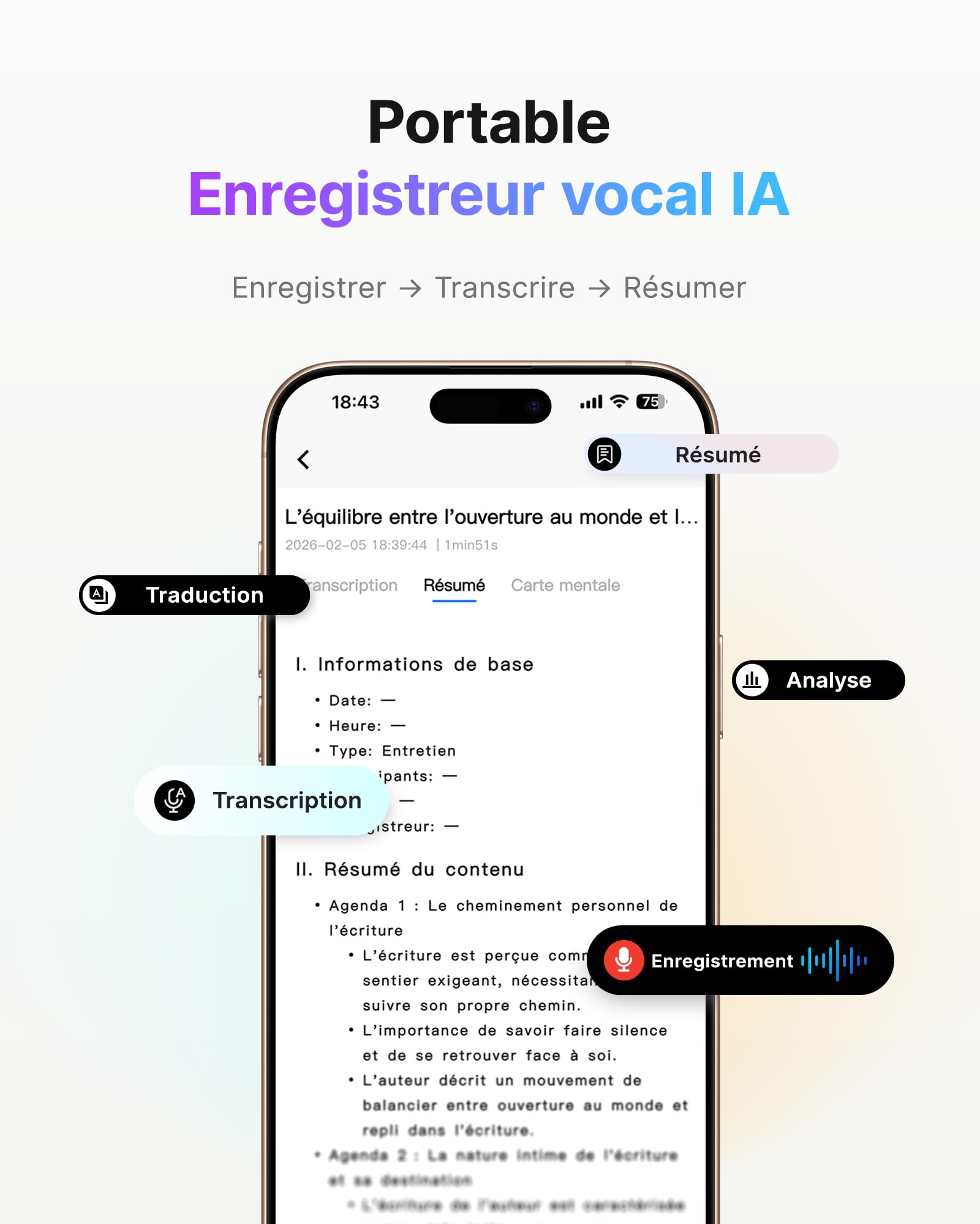 BOYA Notra Enregistreur Vocal IA Dictaphone Numérique avec Transcription et Résumé intelligents, Enregistrement Ambiant/Appels/Casque Bluetooth pour Réunions, Appels et Sessions en Ligne, Noir