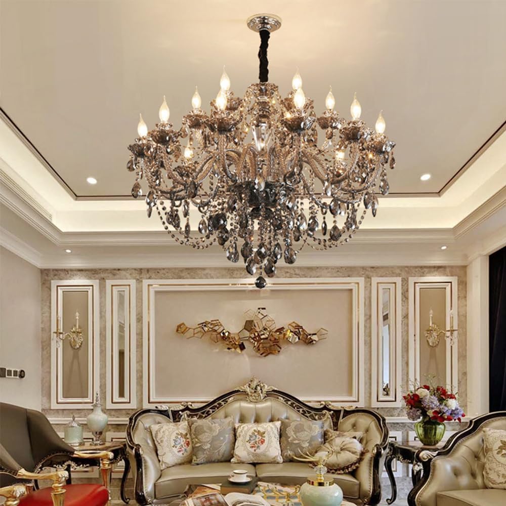 PCXEHUYP European Candle Crystal Pendent Lamp Luxury Living Room Restaurant Villa Hotel Staircase Duplex Building Chandelier (A 15 Lights)