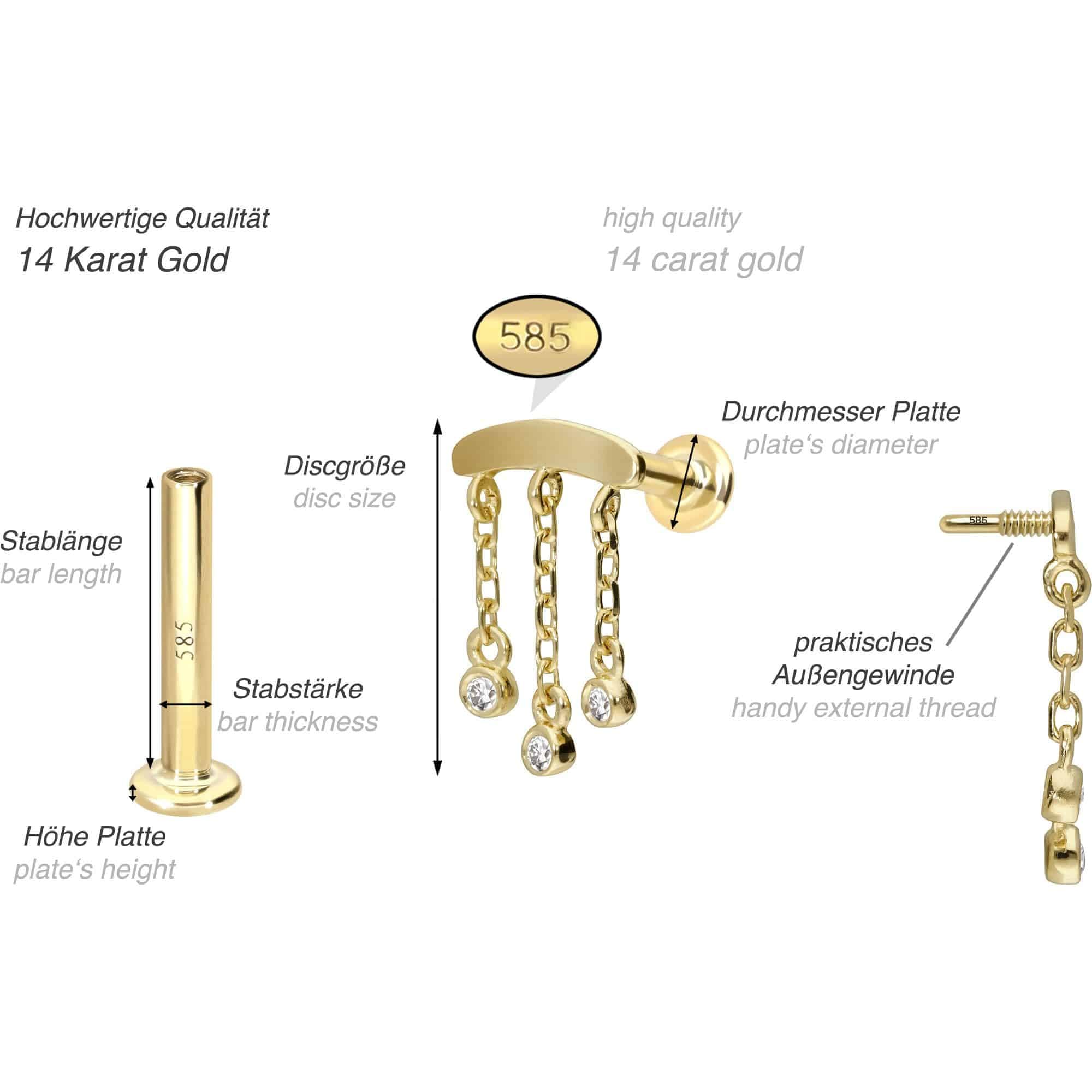 PIERCINGLINE Piercing Stecker 14 Gold Labret mit Innengewinde MOISSANIT-WINDSPIEL 585er Gold - Roségoldfarben, Goldfarben, Silberfarben