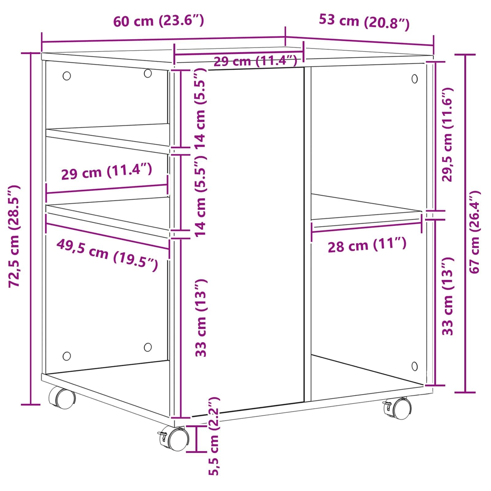 Aufbewahrungsschrank mit Rollen Schwarz Eichen-Optik Holzwerkstoff 60 x 53 x 72,5 cm 2 Fächer für Büroorganisation