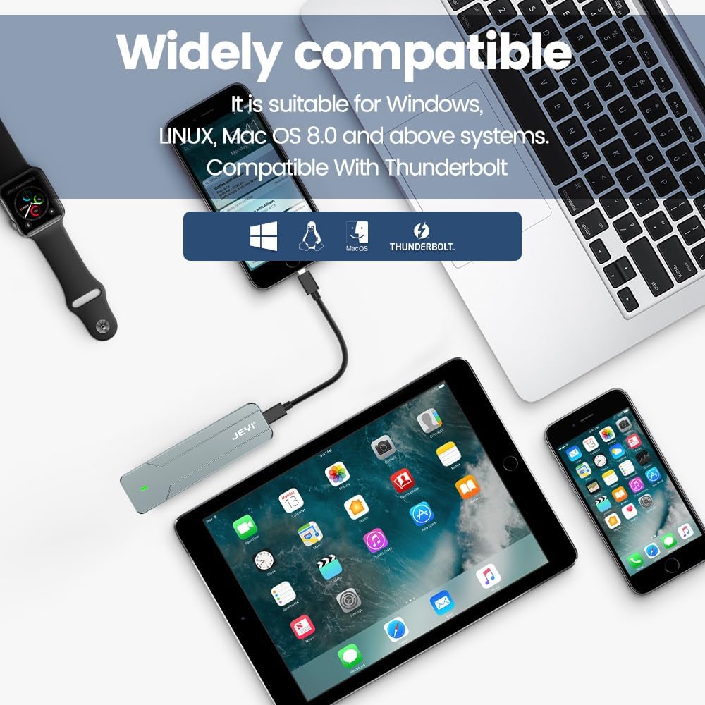 JEYI I9-Seal M.2 NVMe SSD Enclosure connected to various devices like laptop, smartphone, and tablet