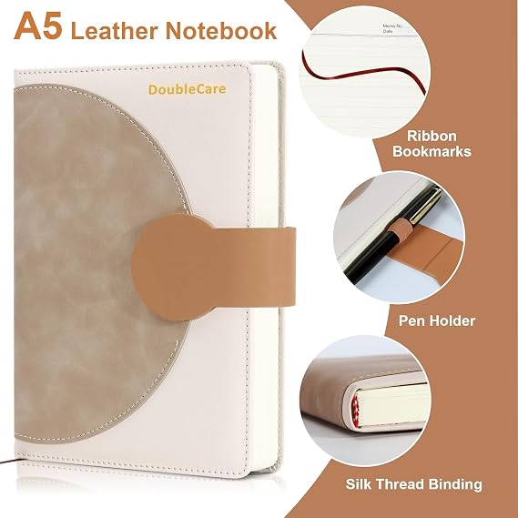 A5 Journal Notebooks, 300 Pages Leather Diary with Magnetic Buckle Closure and Luxury Pen, 80GSM, Lined Notebook for Women and Men, Suitable for Diary, Notes, 5.9 x 8.5 Inches