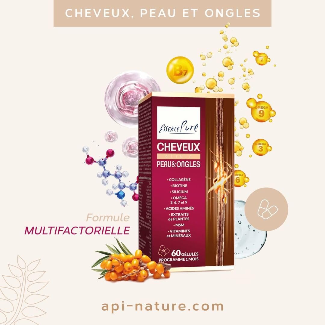 Vitamines Cheveux, Peau et Ongles Essence Pure, 60 Gélules | Vitamines, Minéraux et Actifs Sélectionnés, Formule Beauté Complète, Fortification, Croissance, Cheveux, Peau et Ongles