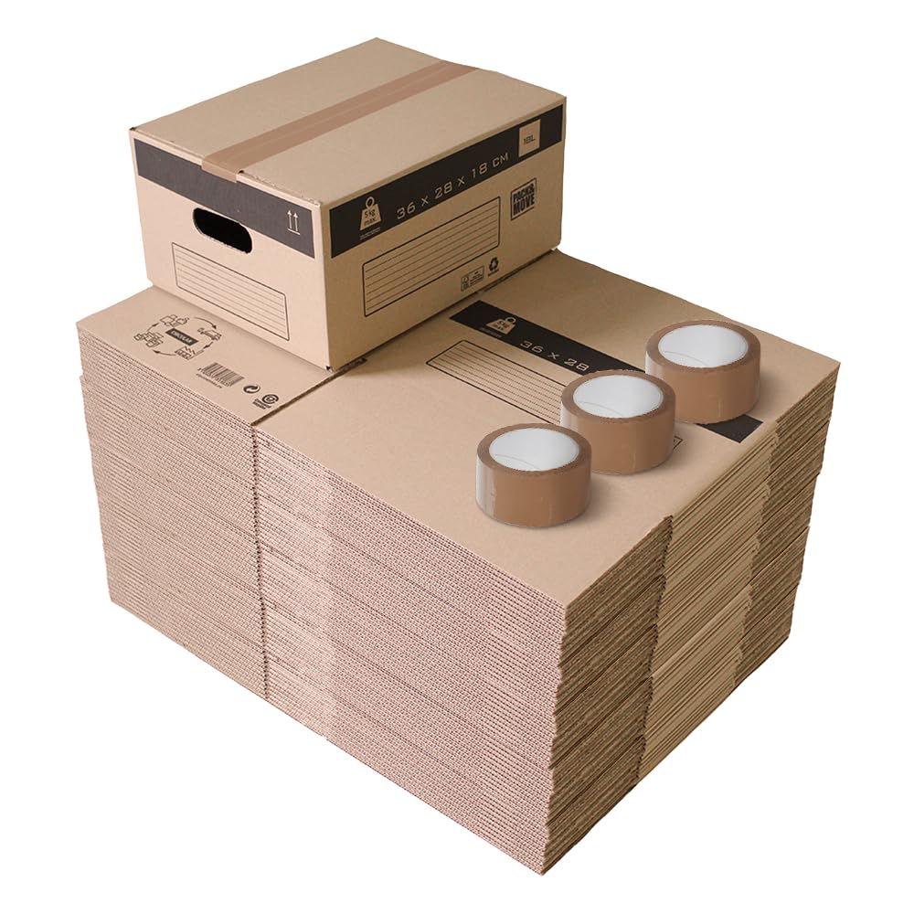 Pack and Move - Lot 60 cartons déménagement stockage S - 36 x 28 x 18 cm - Poignées renforcées - 3 adhésifs offerts