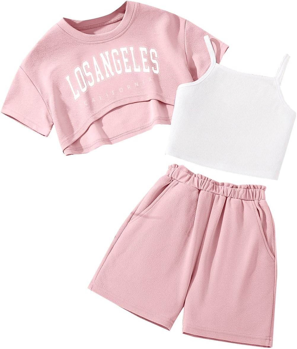 Girl's Summer 3 Piece Outfits Graphic Short Sleeve Crop Top Cami and Shorts Clothes Set