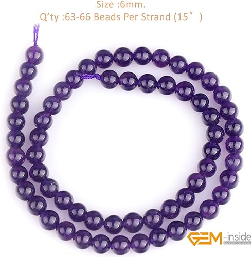 Miniatura 2 de GEM-Inside Cuentas sueltas de amatista natural de 6 mm, piedra preciosa redonda de cristal de energía para hacer joyas, 15"