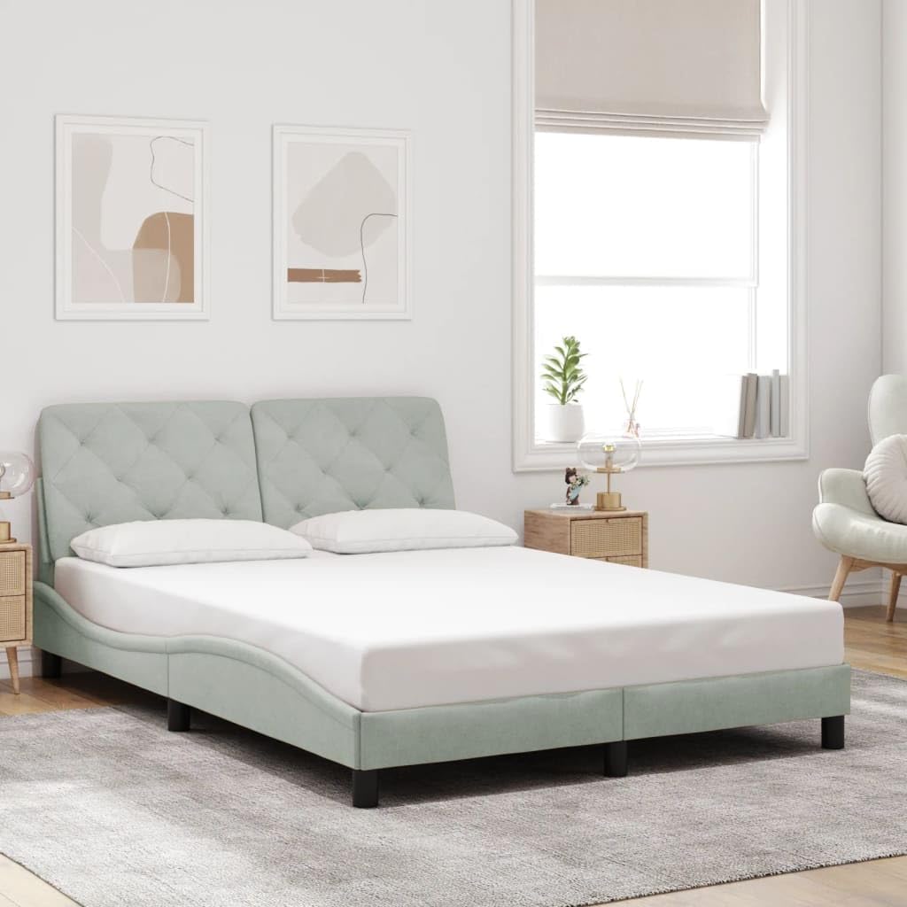 Bed Frame with LED Light Gray Velvet Upholstery 53.9"x74.8" Platform Bed with Sturdy Slatted Foundation and Headboard for Modern Bedroom Furniture
