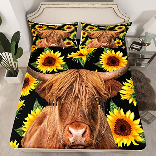 Sunflowers Bed Sheet Set Floral Print Bedding Set Highland Cow Fitted Sheet Brown Highland Cattle Flat Sheet For Kids Boys Girls 4Pcs With 2 Pillow Case Full Size #TOP2
