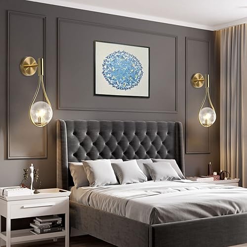 Miniatura 6 de BOKT Juego de 2 apliques de pared de vidrio con globo dorado, luces de tocador modernas de mediados de siglo, lámpara de tocador de baño de vidrio