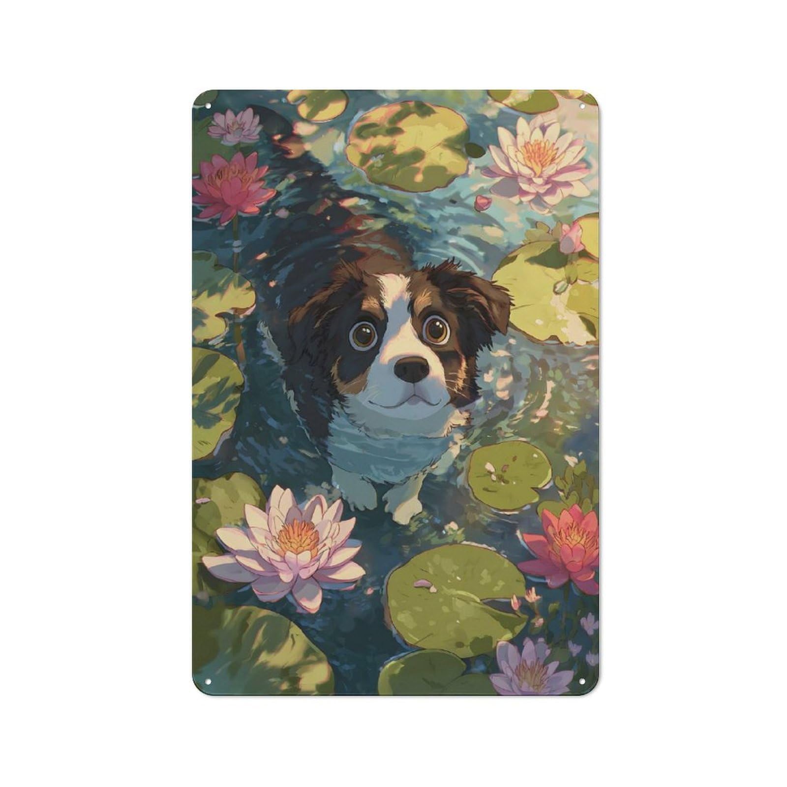 Junmoney Style-6 Dog In Lily Pond Illustration Rustic Metal Plaque 30X20cm For Living Room Wall, Suited To Home Wall Decor Collectors