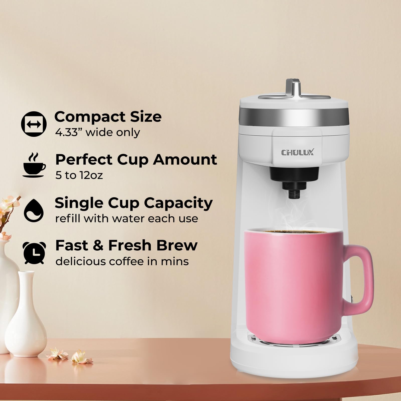 CHULUX Mini cafetera de viaje 2 en 1 para cápsulas K y café molido, cafetera de una sola porción para taza americana, cafetera de cápsulas ligeras, blanco perla