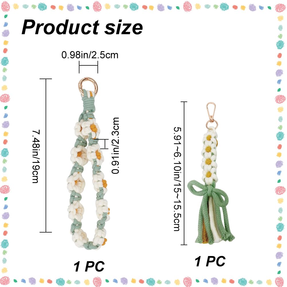 GORGECRAFT Macrame Wristlet Keychain Bulk White Daisy Cord Knotting Kit Boho Mini Tassel Key Chain Weave Exquisite Keyring Holder Bracelet Handmade Wrist Lanyard with 1Pc Mobile Straps for Women