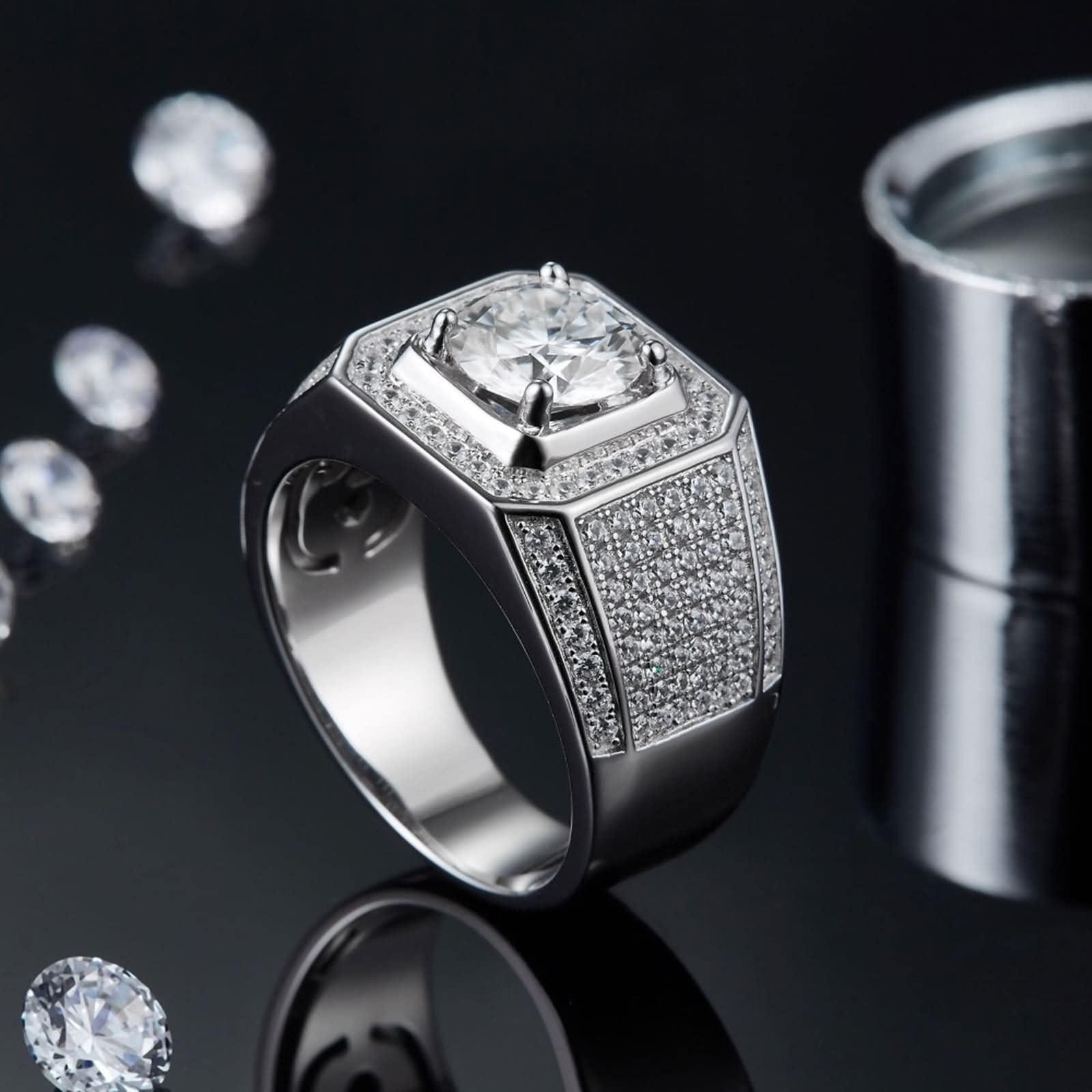 Anello di fidanzamento da uomo, accessori da uomo, in argento sterling con pietra completamente goduta