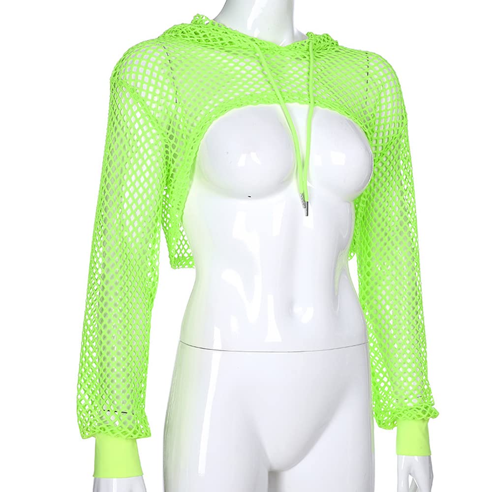SINROYEE Women's Casual Sexy Mesh Contrast Long Sleeve Pullover Crop Top Hoodie T-Shirt