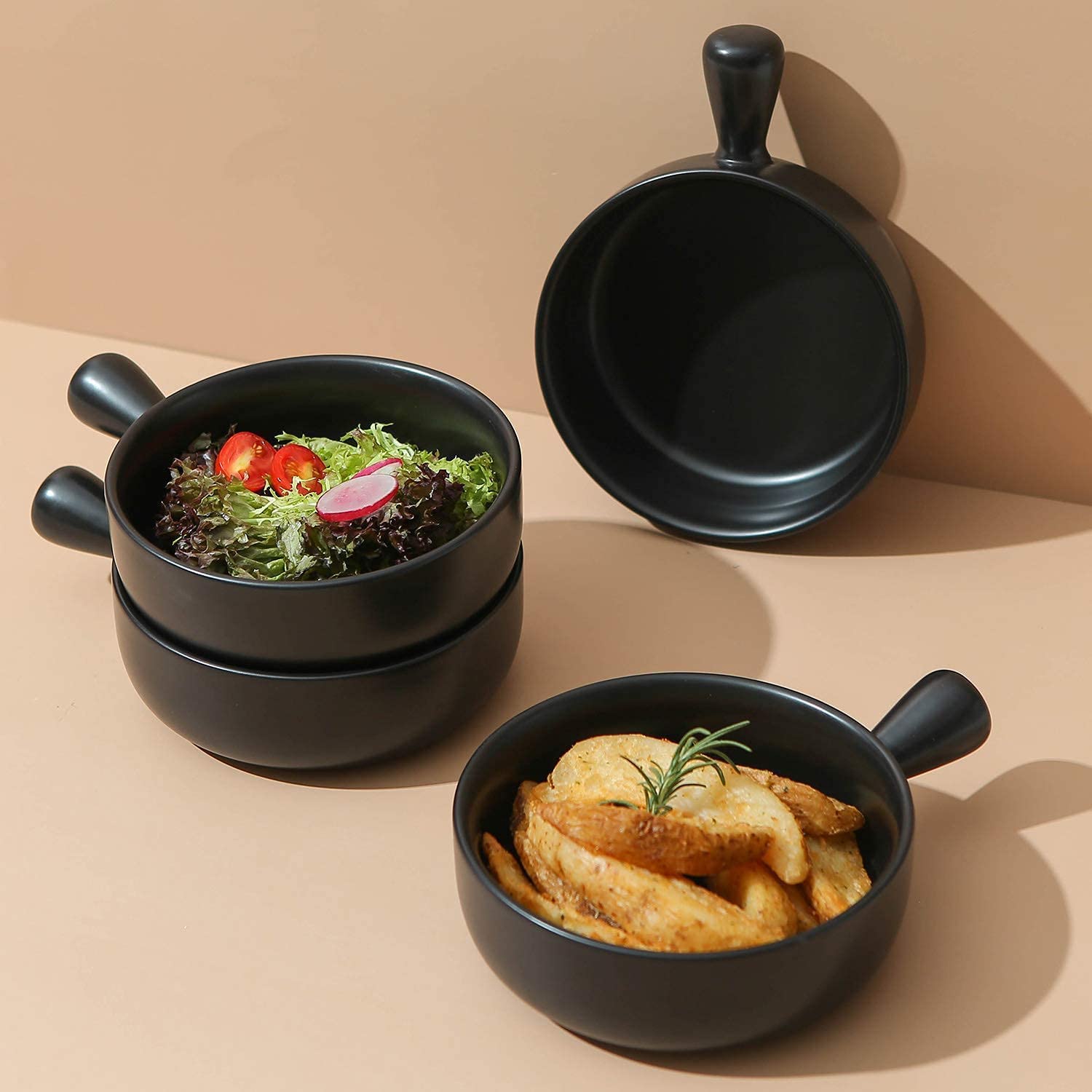 VRCT Melamine French Onion Soup Serving Bowl with Handle, Bowls for Pasta, Salad and Multipurpose Serving Bowls and Tray (Matt Black, Pack of 4)