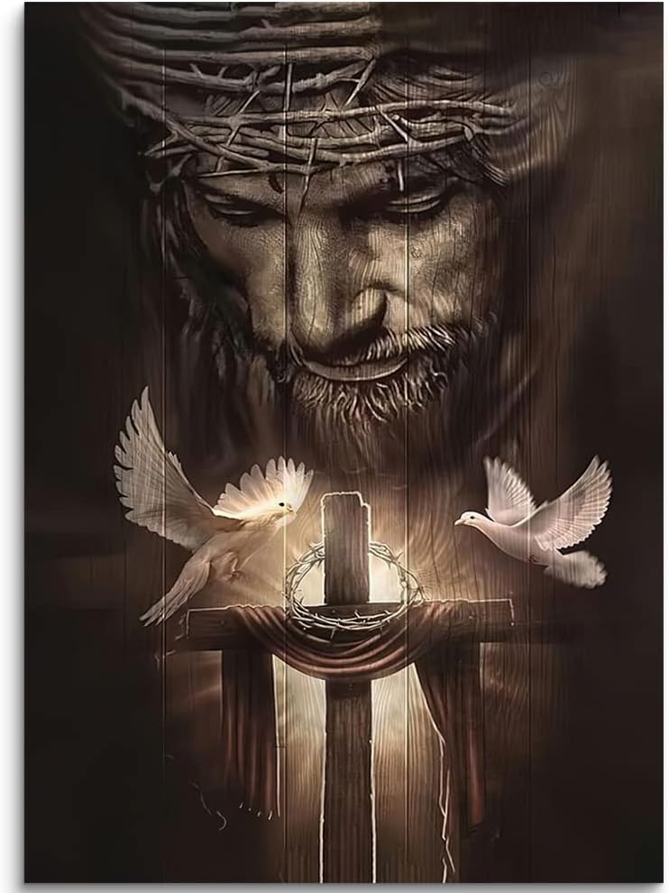 Fchen Art Christian Jesus Canvas Wall Art - Jesus And The Cross, Dove Of Peace - Wall Decor, Ready To Hang - 12x16 inch
