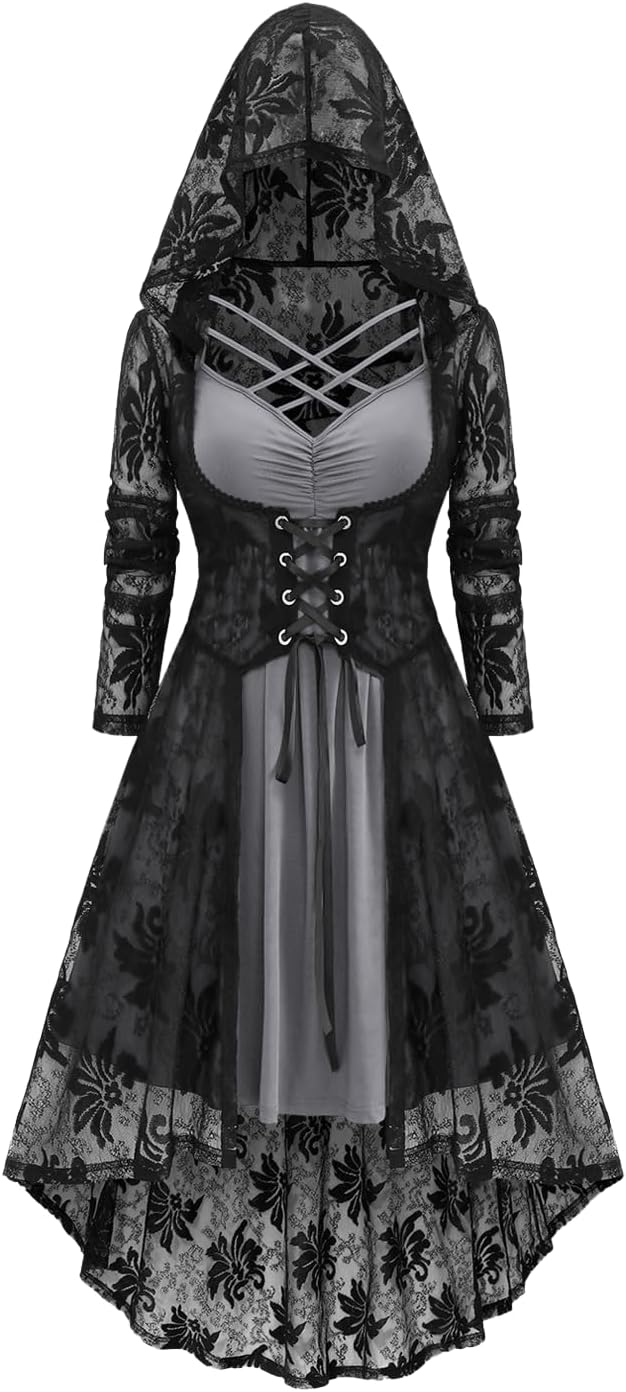 Womens Plus Size 2pcs Witch Halloween Costume Gothic Lace Hooded Dress