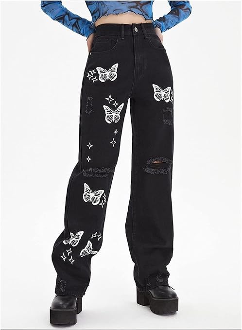 Butterfly Print Ripped Jeans for Women 