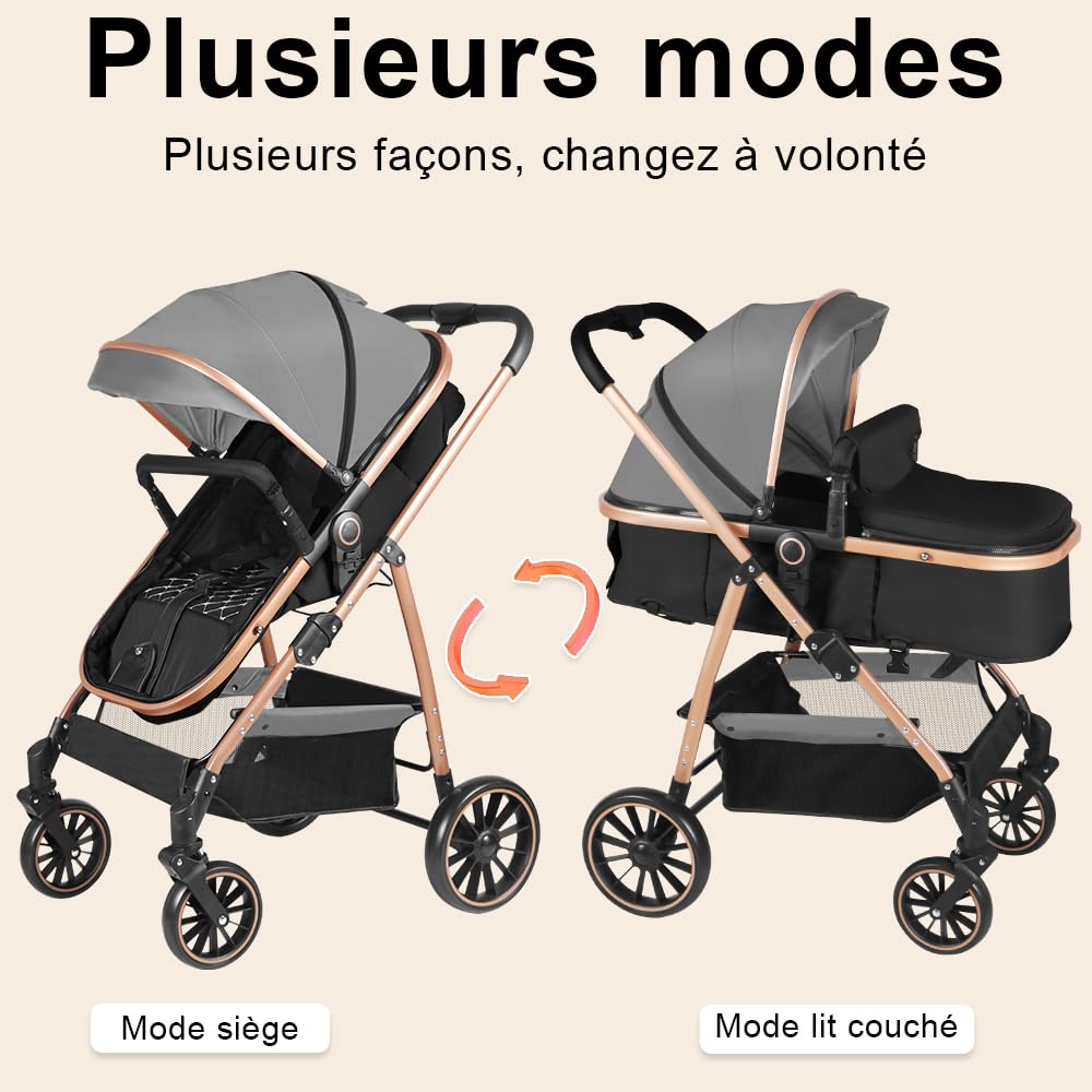 OHMG Poussette 3 en 1 avec Nacelle, Poussette de Voyage's Nacelle est Pliable, Trio Poignée est Réglable, les Roues sont en Matériau PU, pour Enfant de la Naissance à 3 Ans (Gris)