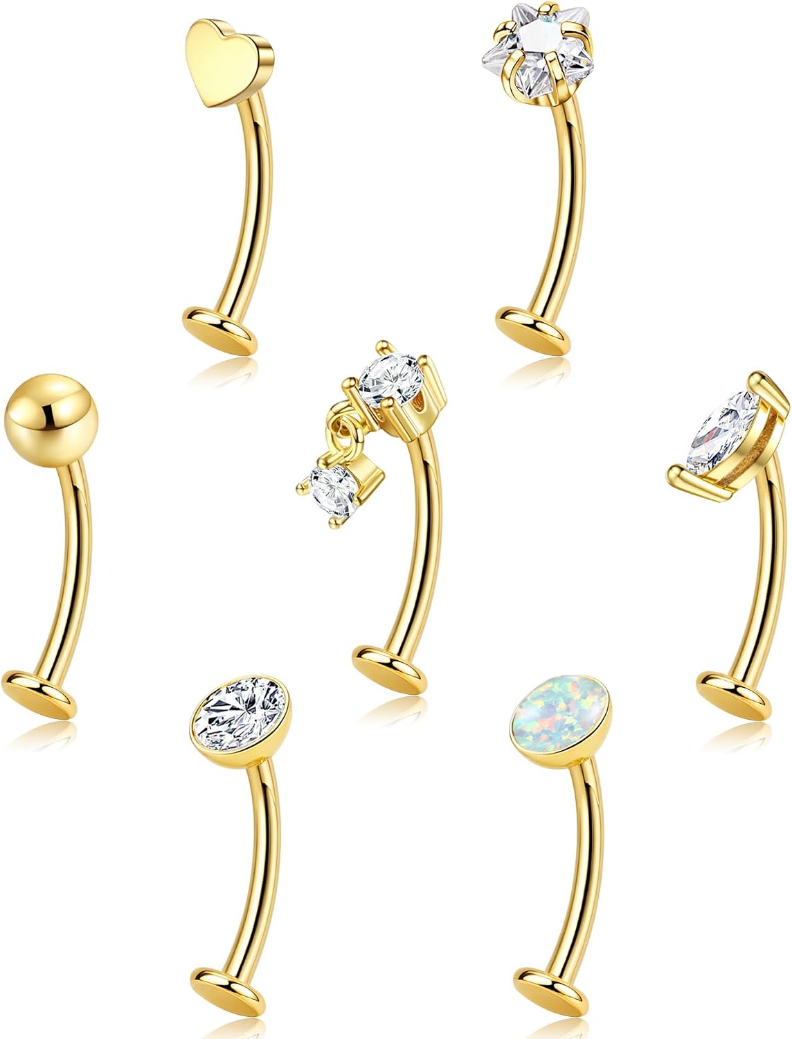 ORAZIO 7 Pcs Belly Button Ring Surgical Steel Hypoallergenic Floating Belly Button Rings for Women Flat Back CZ Opal Internally Threaded Long Bar Navel Piercing Jewelry 14G Gold Silver Tone