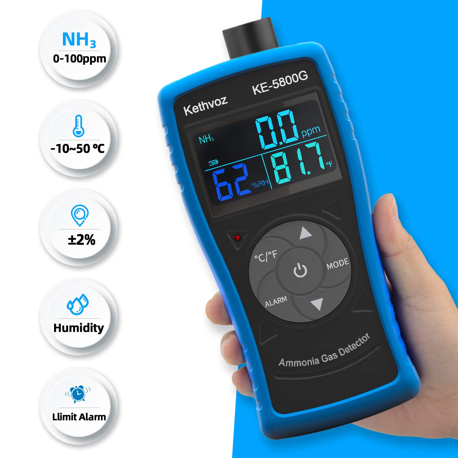 Digitaler Ammoniak Detektor Messgerät mit Alarm, Kethvoz 0~100 PPM NH3 Leckdetektor Messen Temperatur & Luftfeuchtigkeit, Professional Gasmelder für Industrie, Bauernhof, Haushalt 5800G