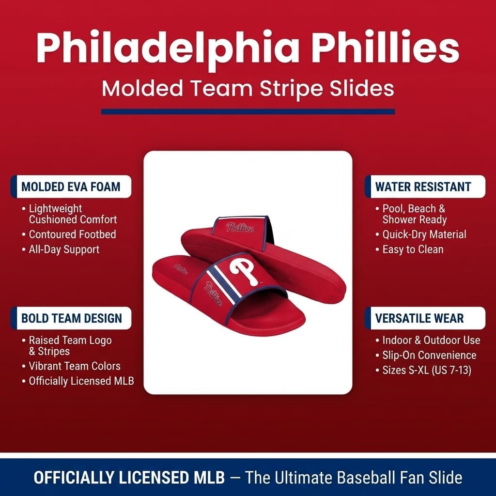 FOCO Philadelphia Phillies Slides for Men MLB Molded EVA Foam Sandals | Water Resistant, Officially Licensed