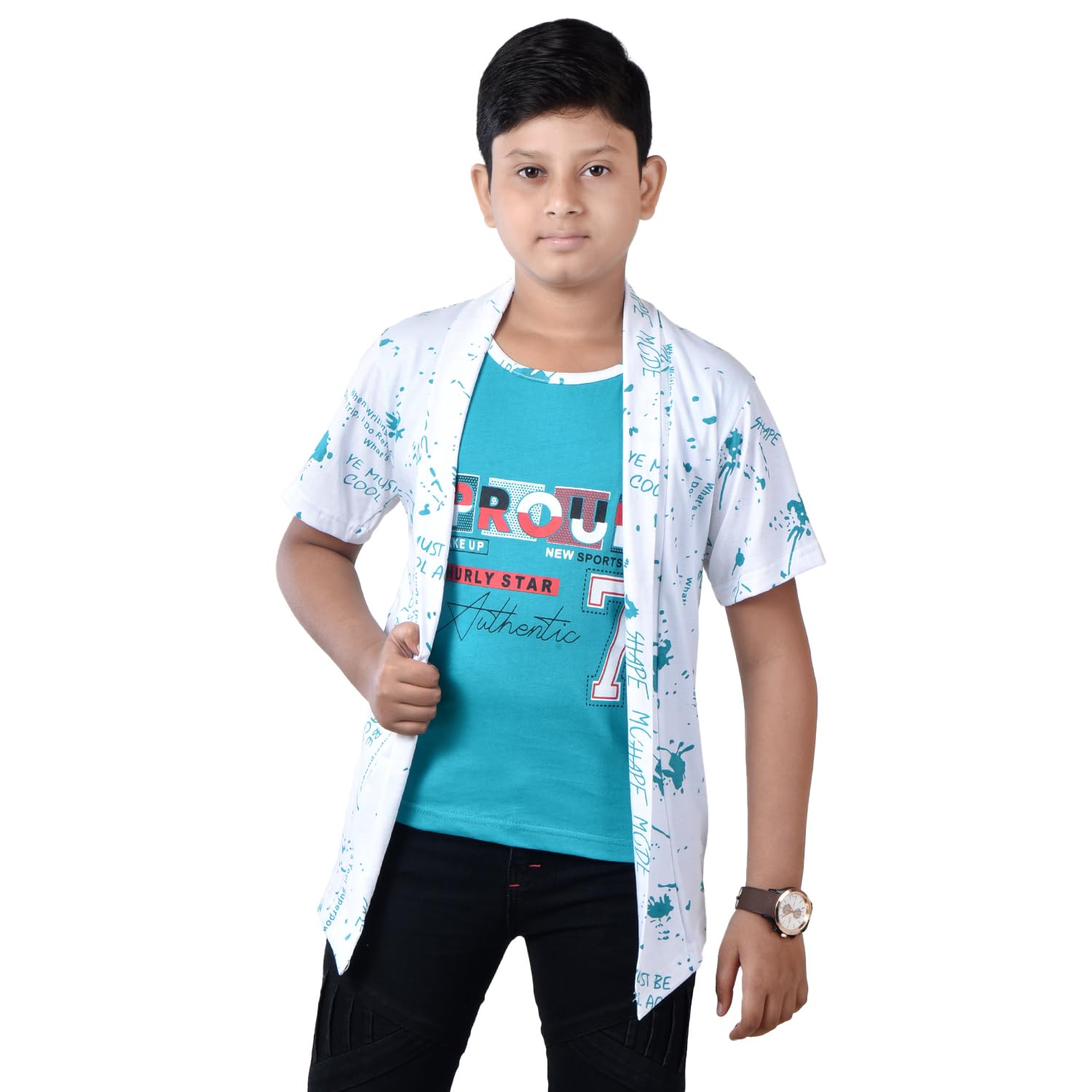 Boys Cotton Printed Half Sleeve Proud Green T-Shirt with Attached Shrug Jacket (Green, 15-16 Years)-image-18