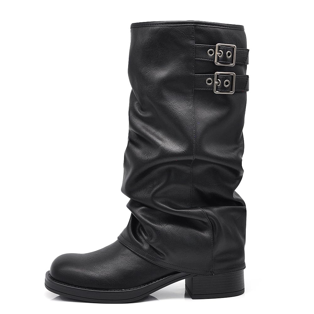 IF Stivali al Ginocchio Donna in Ecopelle Nera con Fibbia Laterale Stile Retro Robin, Design Arricciato Tacco Basso Comodo MP730-1