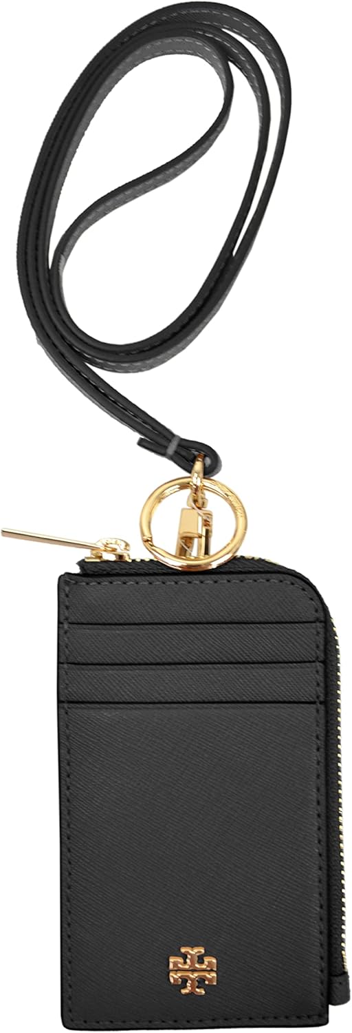 Tory Burch Women's Emerson Saffiano Leather Zip Around Lanyard Card Case ID (Black)