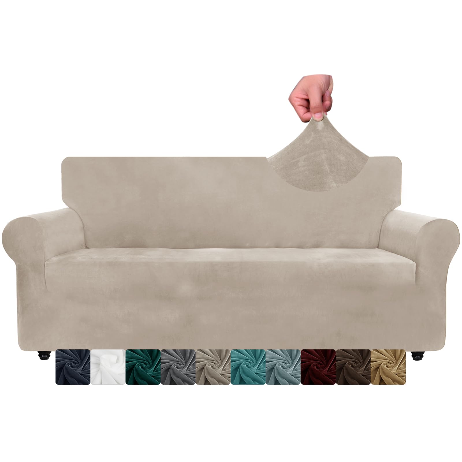 Housses de canapé extensible 3 places en velours kaki lavable et super douce