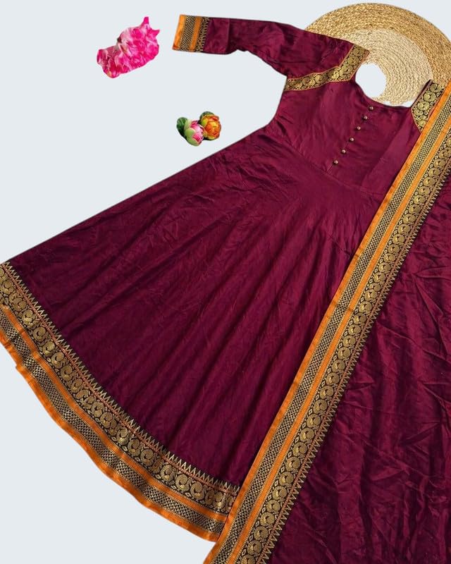 Image of Women's Vichitra Silk Anarkali Gown with Dupatta | Designer Flared Ethnic Long Gown for Women | Festive Wedding Traditional Dress