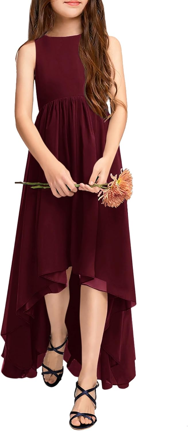 Girls Semi Formal Dress Kids Cute A-Line Crewneck Long Chiffon Wedding Prom Party Gowns