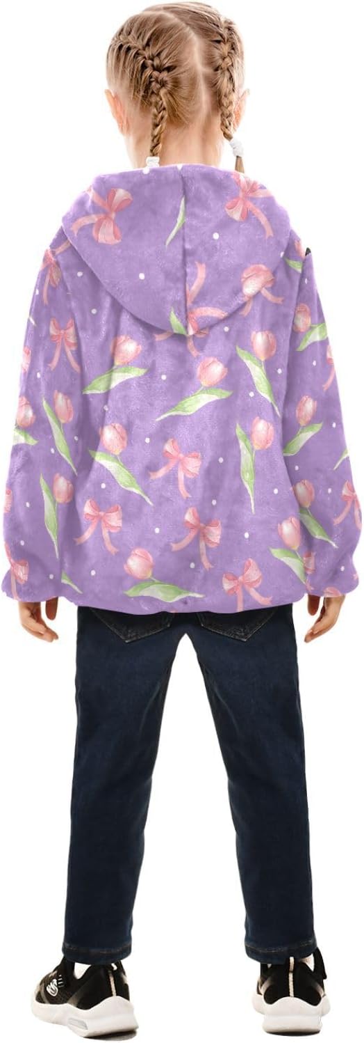 Girls Hoodie Outfit Pink Bow Tulip Flower Purple Pattern Zipper Sweatshirt Coat Fleece Jacket for Kids 3-10T