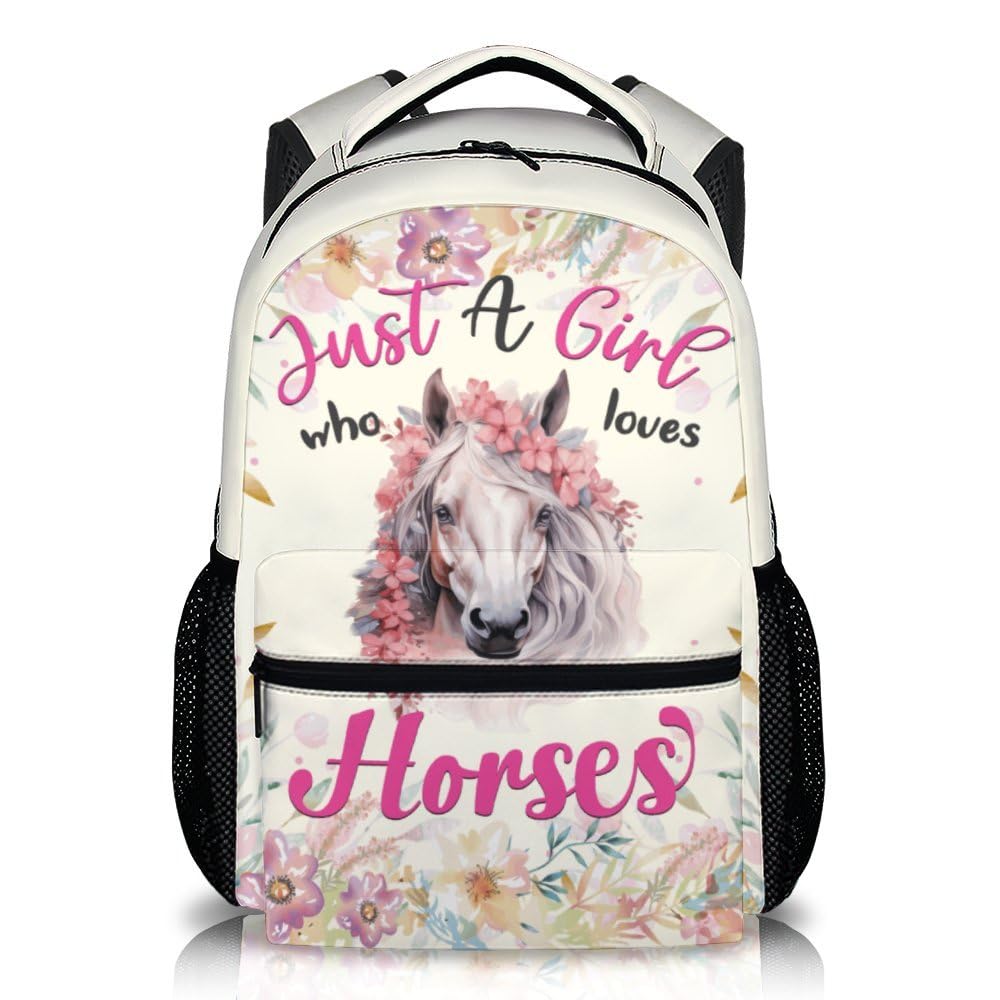 FLEXIMX School Backpack for Kids, Horse Girls Backpack for Women, 17 Inch Cute Cream Backpacks, Aesthetic Lightweight Bookbag