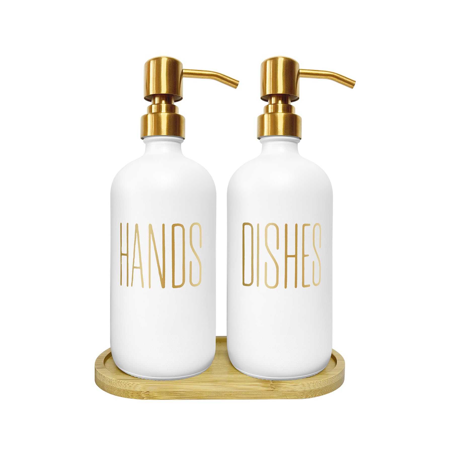 Gold Soap Dispenser Set for Kitchen with Bamboo Tray - Hand & Dish Soap Dispenser Set, White Glass Bottles with Gold Printed Labels, 17oz/480ml Each