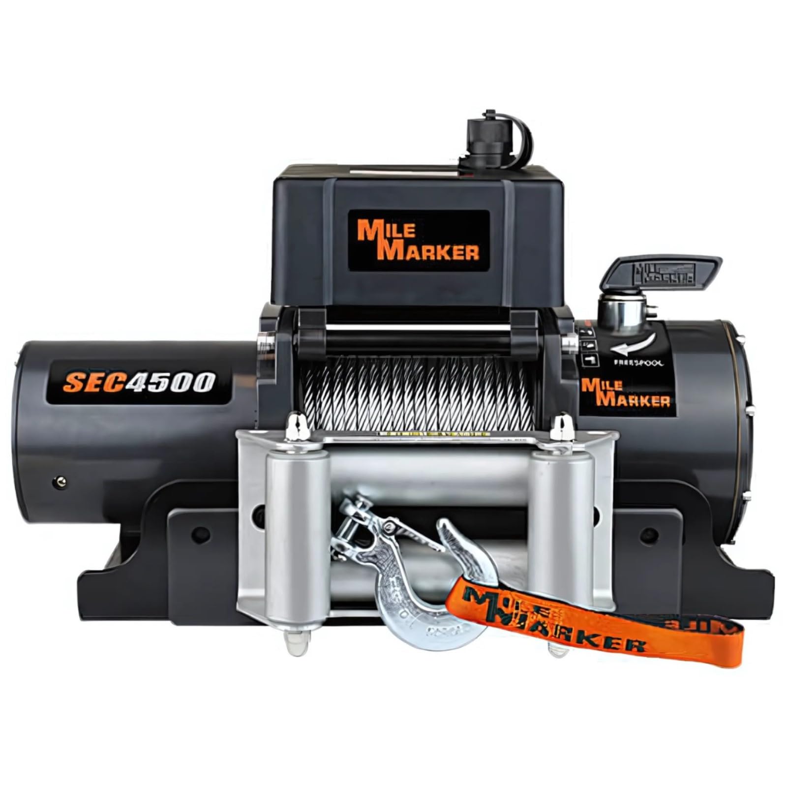 Mile Marker 76-50115BW SEC4500 Winch - 4500 lb. Weight Capacity - 79’ Steel Cable - Includes Mounting Plate & Tow Strap for Car Haulers - Submersible & Waterproof