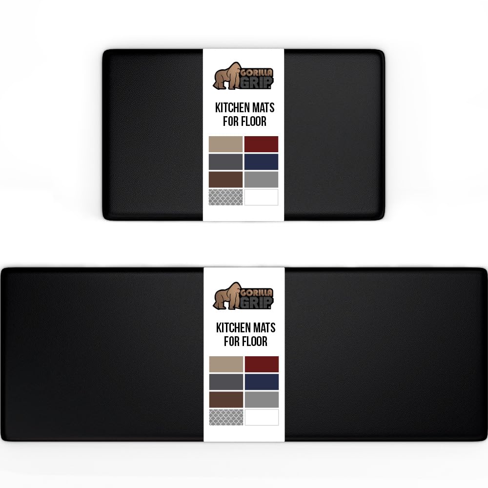 GORILLA GRIP 2 Pack Comfortable Cushioned Kitchen Mats for Floor, 17x29 + 17x59, Waterproof and Stain Resistant, 1/2 Inch Thick Soft Ergonomic Standing Desk Anti Fatigue Mat, Foam Supports Feet, Black