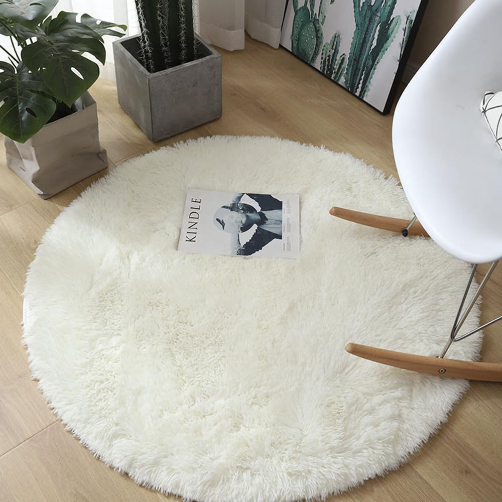 ENEN Orbicular Alfombra Salón Alfombras Mullidas Pelo Largo Círculo Alfombra Suave Salón Shaggy Moderno Alfombra Interior de Salón Habitación Dormitorio sofá Suelo (Blanco,80CM)