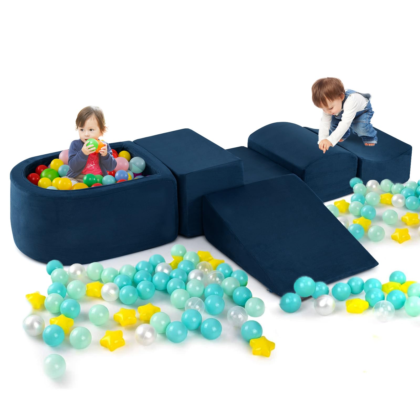 COSTWAY Set di 5 Pezzi Gioco in Schiuma, Blocchi con Piscina di Palline per Bambini, Coperture Lavabili con Cerniere, Blocchi Creativi per Stanza di Giocattoli, Camera da Letto (Navy)