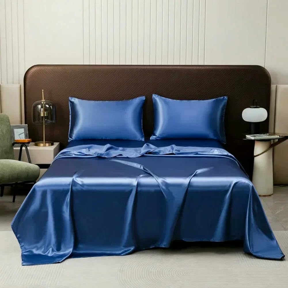 Sábana Plana de Seda Helada de Lujo Negra de 2/3 Piezas con Funda de Almohada, Juegos de sábanas Suaves de Alta Gama, sábanas Lavables a Prueba de Polvo